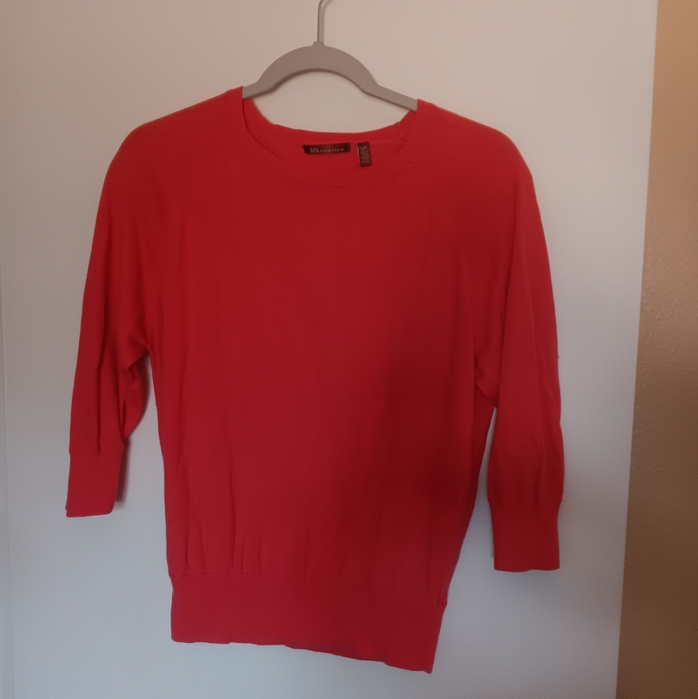 Bright orange lightweight three-quarter sleeves sweater by 525 America Size Lg.